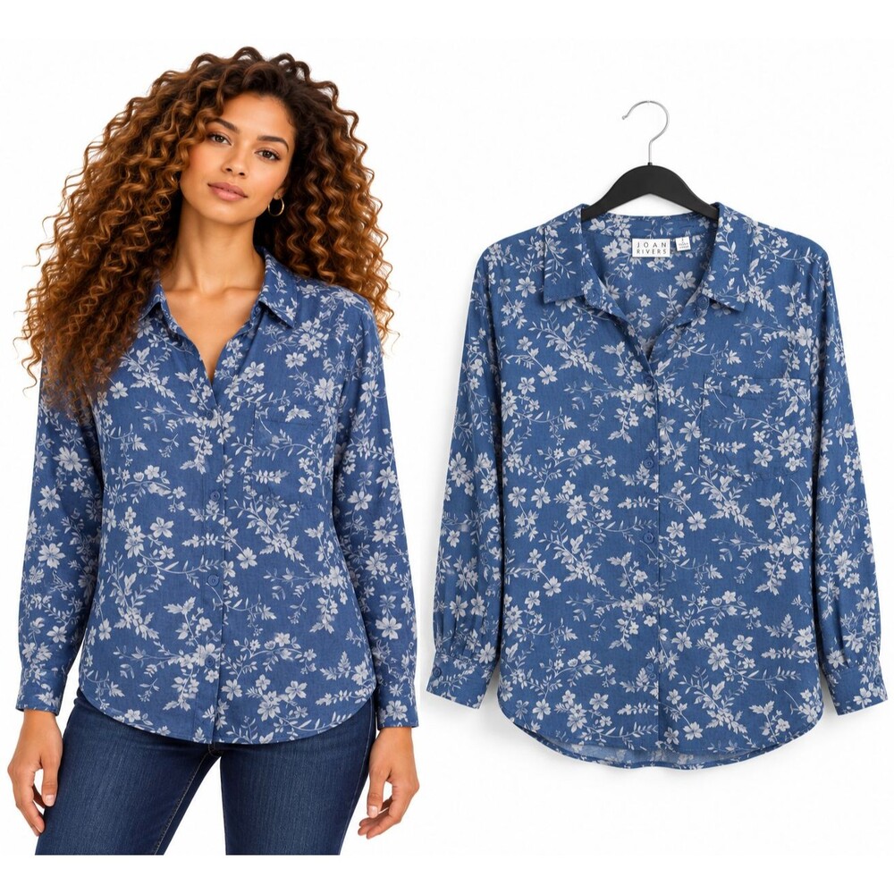 Joan Rivers Floral Denim Button Up Shirt Size Large Blue Chambray QVC# A688997